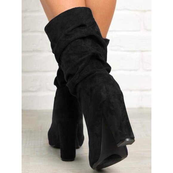 Women's Black Suede Mid Calf High Slouchy Chunky Heel Block Pointed Toe Boots - Picture 4 of 6